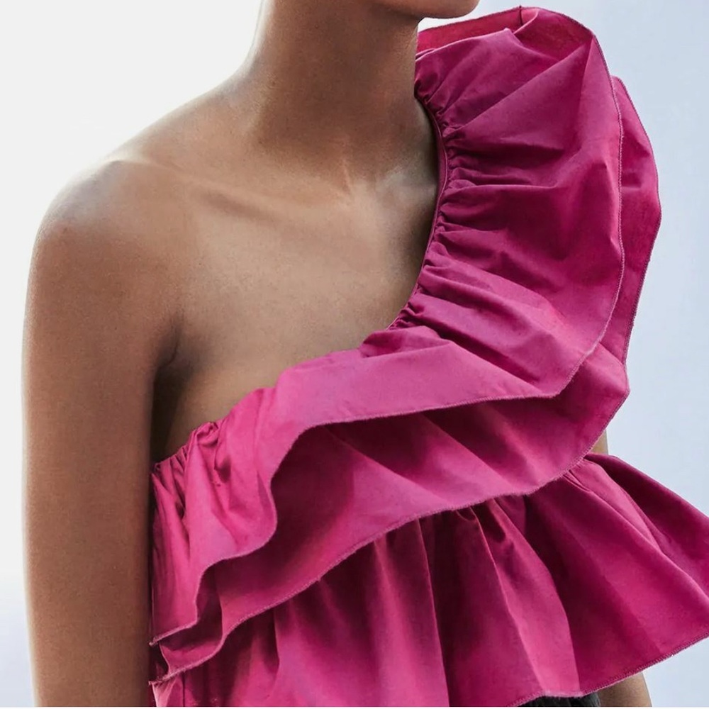 Zara Fuchsia One-Shoulder Ruffle Top size L